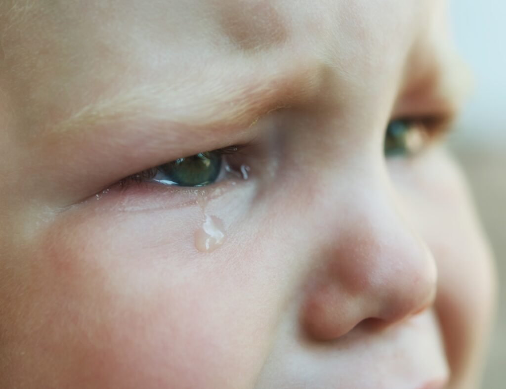 Little crying baby eye with a tear